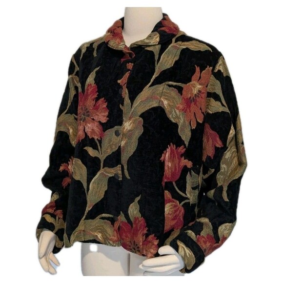 Crafted With Love Vintage 90's Tapestry Jacket XL Black Floral Snap Front Exc - Picture 3 of 8